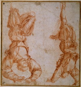 Sol bacağından asılı duran bir adamın iki çalışması (kremalı kağıt üzerinde kırmızı tebeşir) by Andrea del Sarto