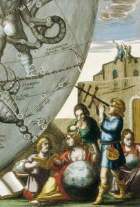 Bilim adamları (astrologlar ve gökbilimciler) küreleri ve gökyüzü grafiğini inceliyorlar, Andreas Cellarius (1596-1665) tarafından Atlas Coelestis seu Harmonia Macrocosmica