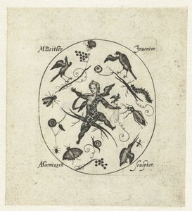 Kuşlar, kelebekler ve böceklerle çevrili puttolu oval Siyah süsler şeklinde modern groteskler (seri başlığı) by Andreas Gentzsch