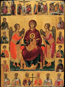 Tahttaki Bakire ve Çocuk (iki melekle, sahne, Evanjelistlerin ve azizlerin figürleriyle çerçevelenmiştir, Tutku sahneleri ve aşağıda, Kilisenin patrikleri ile örtülmüştür) (Bakire ve Çocuk enthroned) - Simge Andreas