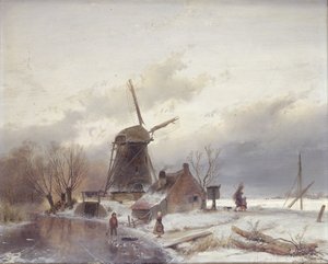 Yel Değirmeni ile Donmuş Nehir Manzarası by Andreas Schelfhout