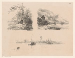 Bir ormandaki rakamlar, dağlık bir kıyı boyunca bir nehir ve sudaki tekneler by Andreas Schelfhout