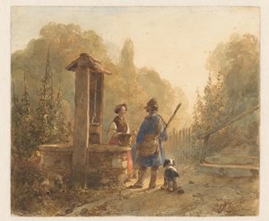 Avcı bir çiftçinin karısıyla kuyuda konuşuyor, yanında bir köpek by Andreas Schelfhout