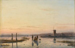 Donmuş bir nehrin yanında yel değirmeni by Andreas Schelfhout