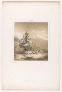 Çam ağaçları ve kızağı olan bir adam ile kış manzarası by Andreas Schelfhout
