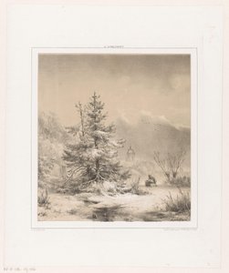 Çam ağaçları ve kızağı olan bir adam ile kış manzarası by Andreas Schelfhout