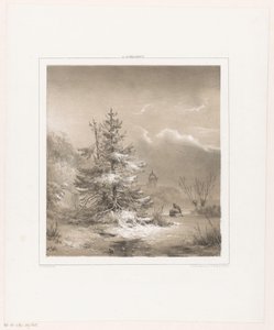 Çam ağaçları ve kızağı olan bir adam ile kış manzarası by Andreas Schelfhout