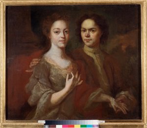 Karısı ile otoportre (Karısı ile Otoportre) - Resim Andrei Matveyevich Matveyev (Matveiev) (1701-1739), tuval üzerine yağlı boya, yaklaşık 1729 - Rus sanatı, 18. yüzyıl portresi - Devlet Rus Müzesi, Saint Petersburg by Andrei Matveyev