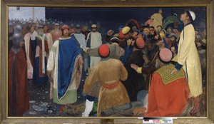 Prens Gleb Sviatoslavitch (mort en 1079) tue un volkhve (büyücü devin kölesi) a un veche a Novgorod. Peinture de Andrei Petrovich Ryabushkin (Riaboutchkine) (1861-1904), huile sur toile