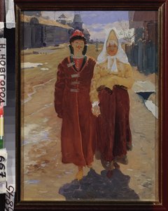 Ziyaret gezisi. (ahşap evleri olan bir köyün sokağında yürüyen geleneksel giysiler içinde bir çift zarif Boyar (boiards, boiar)). Andrei Petrovich Ryabushkin (Riaboutchkine) (1861-1904), tuval üzerine yağlı boya by Andrei Petrovich Ryabushkin