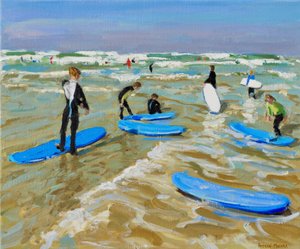 Mavi sörf tahtaları, Bude. 20x24",2019,(tuval üzerine yağlı boya) by Andrew Macara