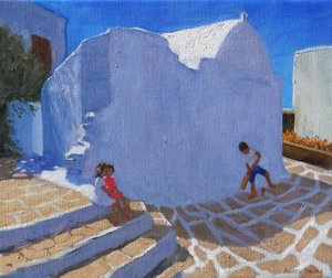 Kilise duvarının yanında kriket, Mykonos (tuval üzerine yağlı boya) by Andrew Macara