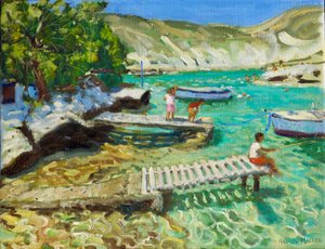 İskeleden balık tutma, Milos, Yunanistan, 2018-2019 (tuval üzerine yağlı boya) by Andrew Macara