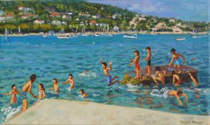 Kayalardan atlamak; Cinque Terre, Positano, İtalya, 2000 (tuval üzerine yağlı boya) by Andrew Macara