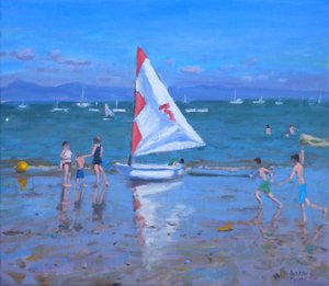 Kırmızı ve beyaz yelkenli ,Abersoch (tuval üzerine yağlıboya) by Andrew Macara