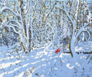 Kırmızı kızak, Allestree Park, Derby, 2022 (tuval üzerine yağlı boya) by Andrew Macara
