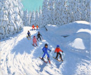 Patikada kayak yapmak , Courchevel , 2018, (tuval üzerine yağlı boya) by Andrew Macara