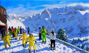 Sarı genç kayakçılar, Val Gardena İtalya.12x20 by Andrew Macara