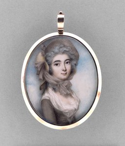 Bir Kadının Portresi, c.1785 (fildişi üzerine suluboya, 9k pembe altın, saç, kabartmalı metalik folyo ve cam)