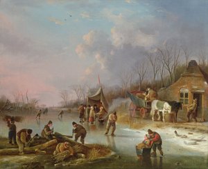 Donmuş bir nehir üzerinde Hollandalı Köylüler
