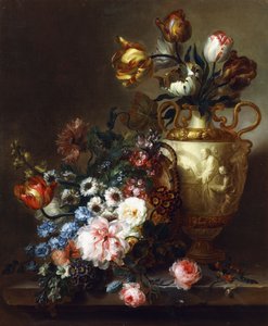 Vazoda Laleler ve Taş Çıkıntıda Sepette Güller, by Ange Louis Guillaume Lesourd Beauregard