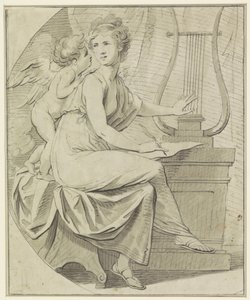 Amor, bir eliyle lir çalan ve diğer eliyle yazan genç bir kadına ilham verir. by Angelica Kauffmann