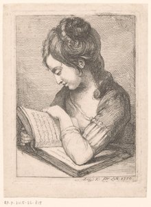 Genç bir kadın masada kitap okuyor, dirseğini bir kitaba dayamış. by Angelica Kauffmann