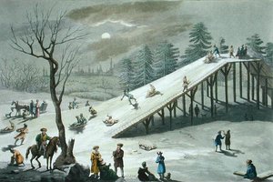 19. yüzyılın başlarında bir Rus parkında kar kaydırağı (renkli gravür)