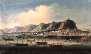 Limanda bir Hapishane Hulk ve bir Paddlesteamer ile Hong Kong görünümü (tuval üzerine yağlı boya)