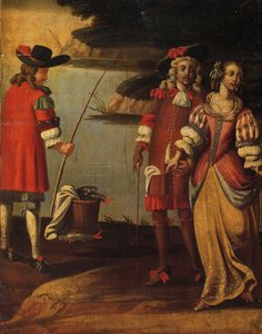 Dört katlı çift taraflı ekran, c.1700 (boyalı kanvas ve deri) (3248382 detayı)