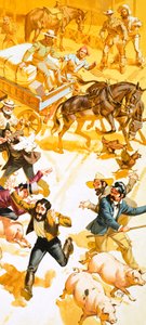 Bir adam San Francisco sokaklarında koşarak altının keşfedildiğini duyuruyor by Angus McBride