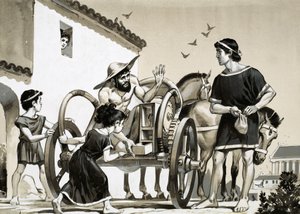 Roma döneminde bir savaş arabasının arkasında eşya satan tüccar by Angus McBride