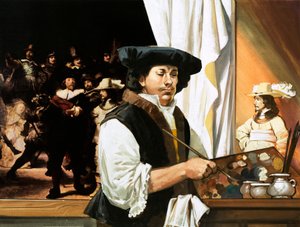 Rembrandt ünlü Sivil Muhafızlar portresini yapıyor by Angus McBride