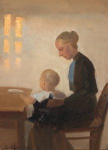 Bir anne ve çocuk ile bir iç mekan. by Anna Ancher