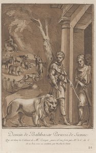 Ön planda tasmalı bir aslan tutan bir çoban, orta yerde sh..., ca. 1729-64 by Anne Claude Philippe de