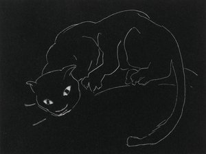 Gece Serisi: Kedi (lito, dokuma kağıt üzerinde beyaz çizgi)