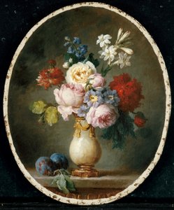 Mermer masanın üzerinde bir vazo çiçek ve iki erik, 1781