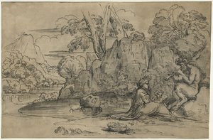 Flüt, kadın ve putto çalan bir satir ile manzara by Annibale Carracci (attributed to)