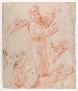 Carracci - Üç Çeyrek Görünümde Diz Çökmüş Aziz Francis Figürü ve Elleri İçin Çalışmalar (recto), 1583-85 by Annibale Carracci