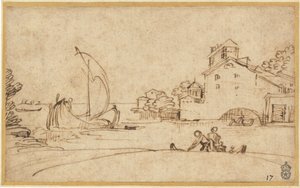 Yelkenli Teknelerle Bir Haliç Tarafından Figürlerle Manzara by Annibale Carracci