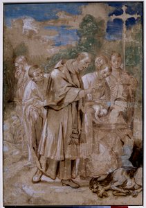 Saint Charles Borromee bir çocuğu vaftiz ediyor. Ölü koyunlar ve bir adamın kokuyu solumamak için burnunu kapattığı vücut katmanlarının eskizleri, çizimin Milan Saint Charles Borromee
