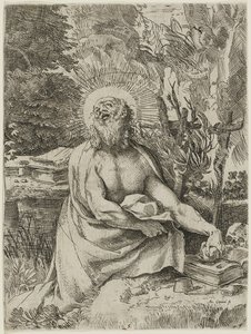 Aziz Jerome Vahşi Doğada, c.1591 (döşemiş kağıt üzerine gravürle oyma, iiiiv) by Annibale Carracci
