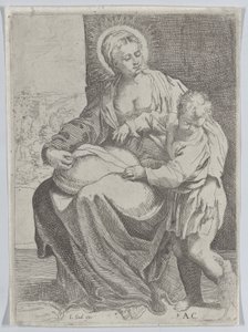 Bakire, kucağında bir yastık tutarak oturuyor ve genç İsa sağda duruyor..., 1580-1600. by Annibale Carracci