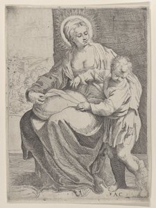 Bakire, kucağında bir yastık tutarak oturuyor ve genç İsa sağda duruyor..., 1580-1600. by Annibale Carracci