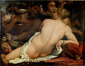 Bacchante, Venüs, satir ve iki aşk tanrısı, detay (tuval üzerine yağlı boya, yaklaşık 1588)