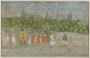 Brindaban'da Yamuna'nın kıyısında, Krishna Gopilerle dans ediyor by Anonymous