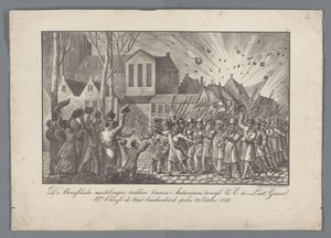 Brüksel isyancıları Anvers'e taşınırken, HE de Luit Generl. bn. Chassé, 28 Ekim 1830'da şehri bombaladı (nesnedeki başlık) by Anonymous