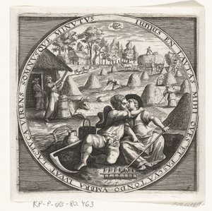 De maand juni, hooimaken, ca. 1600 De twaalf maanden van het jaar verbeeld in scènes uit het volksleven (dizi başlığı) 12 aylık operasyonların rakamları ve zodyak işaretlerinin uygulanması, dört bölüme ayrılmıştır (nesne üzerinde seri başlığı) by Anonymous