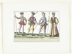 Üniformalı üç İspanyol askeri ve bir pazarlamacı, 1580 dolayları Kostümler Militaires Espagnols (nesne üzerindeki başlık) by Anonymous