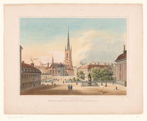 Stockholm Stockholm'deki Riddarholmen kilisesinin görünümü. Utsigt af Riddakholmen fran Riddarhustorget (nesne üzerindeki başlık) by Anonymous
